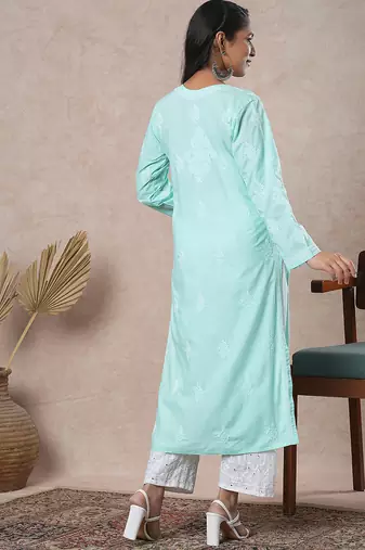 Hand embroidered sea green cotton lucknowi chikankari straight kurta