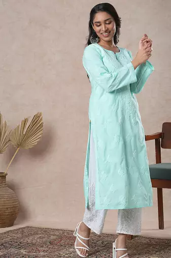 Hand embroidered sea green cotton lucknowi chikankari straight kurta