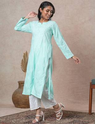 Hand embroidered sea green cotton lucknowi chikankari straight kurta 4