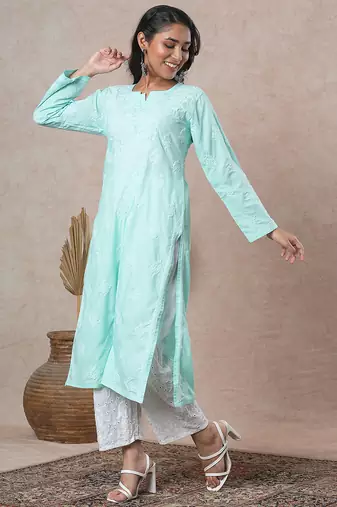 Hand embroidered sea green cotton lucknowi chikankari straight kurta