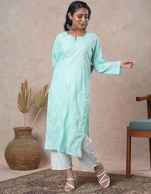 Hand embroidered sea green cotton lucknowi chikankari straight kurta 5