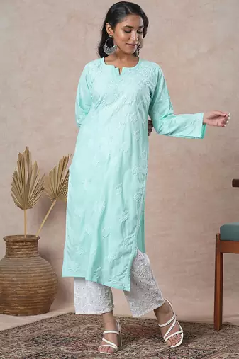 Hand embroidered sea green cotton lucknowi chikankari straight kurta