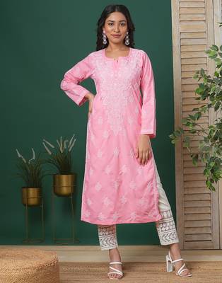Hand embroidered dark peach cotton lucknowi chikankari straight kurta 1