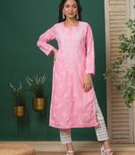 Hand embroidered dark peach cotton lucknowi chikankari straight kurta