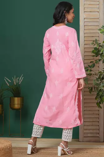 Hand embroidered dark peach cotton lucknowi chikankari straight kurta