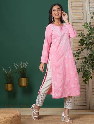 Hand embroidered dark peach cotton lucknowi chikankari straight kurta 3