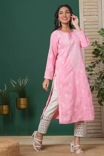 Hand embroidered dark peach cotton lucknowi chikankari straight kurta