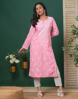 Hand embroidered dark peach cotton lucknowi chikankari straight kurta 4