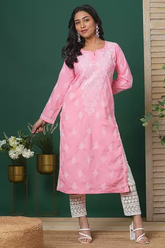 Hand embroidered dark peach cotton lucknowi chikankari straight kurta