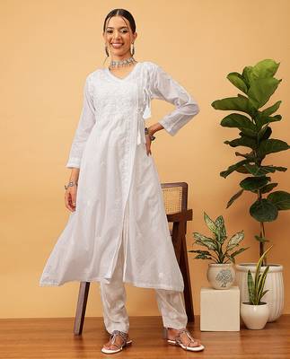 Hand embroidered white cotton lucknow chikankari angrakha kurta 1