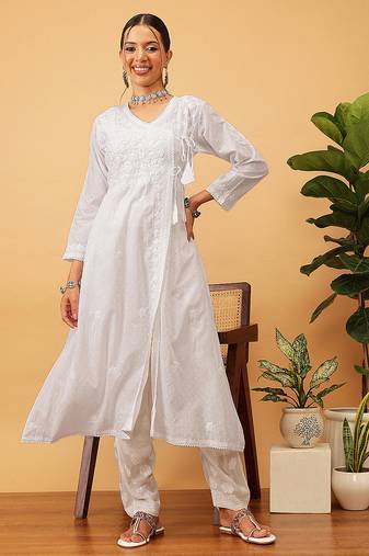 Hand embroidered white cotton lucknow chikankari angrakha kurta