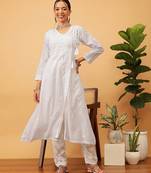 Hand embroidered white cotton lucknow chikankari angrakha kurta