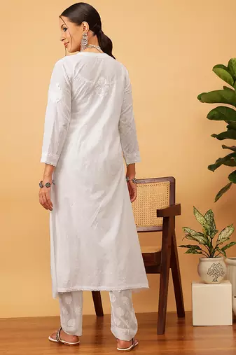 Hand embroidered white cotton lucknow chikankari angrakha kurta