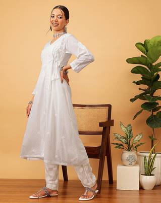 Hand embroidered white cotton lucknow chikankari angrakha kurta 3
