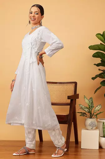 Hand embroidered white cotton lucknow chikankari angrakha kurta
