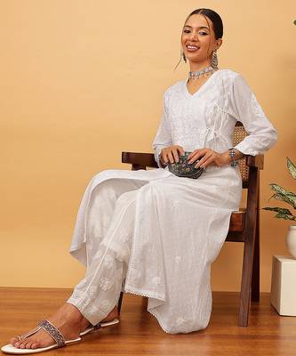 Hand embroidered white cotton lucknow chikankari angrakha kurta 4