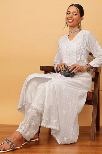 Hand embroidered white cotton lucknow chikankari angrakha kurta