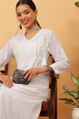 Hand embroidered white cotton lucknow chikankari angrakha kurta