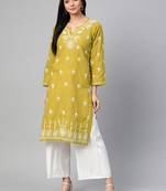 Hand embroidered mehndi green cotton lucknowi chikankari straight kurta