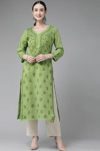 Hand embroidered green cotton lucknowi chikankari straight kurta