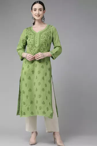 Hand embroidered green cotton lucknowi chikankari straight kurta