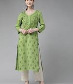 Hand embroidered green cotton lucknowi chikankari straight kurta