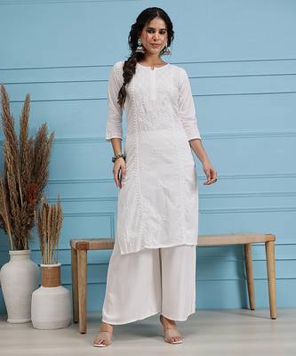 Hand embroidered white cotton lucknowi chikankari straight kurta 1