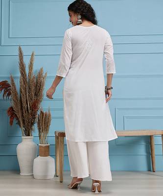 Hand embroidered white cotton lucknowi chikankari straight kurta 2