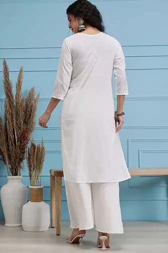 Hand embroidered white cotton lucknowi chikankari straight kurta