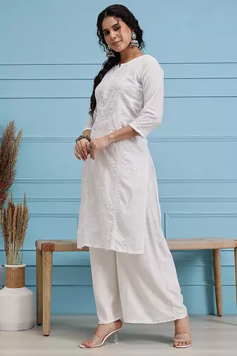Hand embroidered white cotton lucknowi chikankari straight kurta