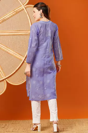 Hand embroidered mauve cotton lucknowi chikankari straight kurta