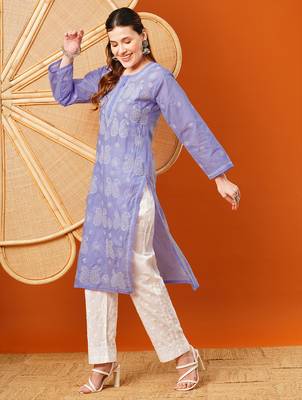 Hand embroidered mauve cotton lucknowi chikankari straight kurta 3