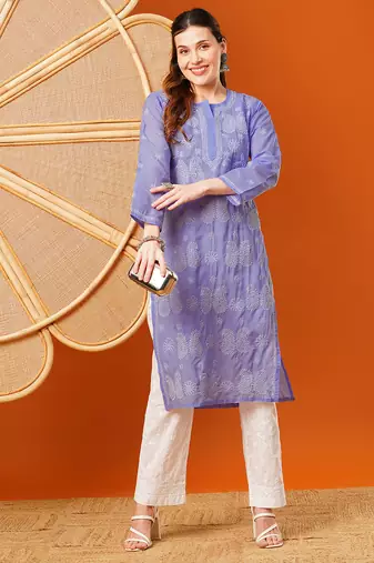 Hand embroidered mauve cotton lucknowi chikankari straight kurta