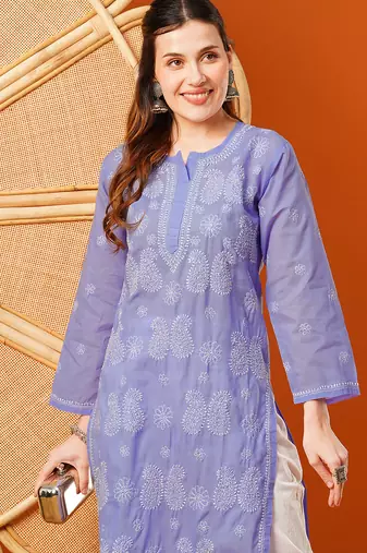 Hand embroidered mauve cotton lucknowi chikankari straight kurta