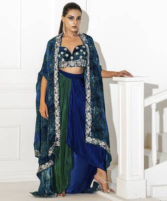 blue crepe plain lehenga with embroidered blouse and cape 1