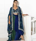 blue crepe plain lehenga with embroidered blouse and cape