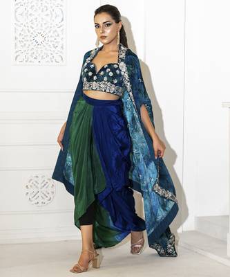 blue crepe plain lehenga with embroidered blouse and cape 2