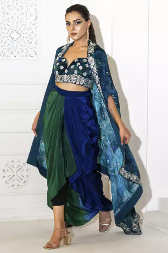 blue crepe plain lehenga with embroidered blouse and cape