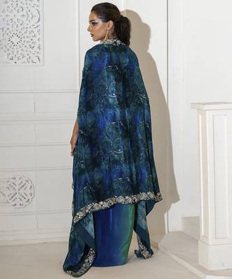 blue crepe plain lehenga with embroidered blouse and cape 3