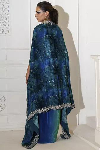 blue crepe plain lehenga with embroidered blouse and cape