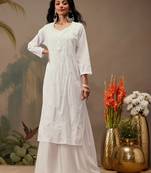Hand embroidered white cotton lucknowi chikankari straight kurta
