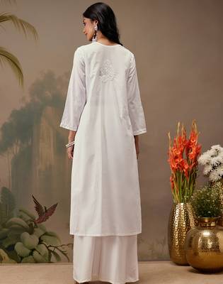 Hand embroidered white cotton lucknowi chikankari straight kurta 2