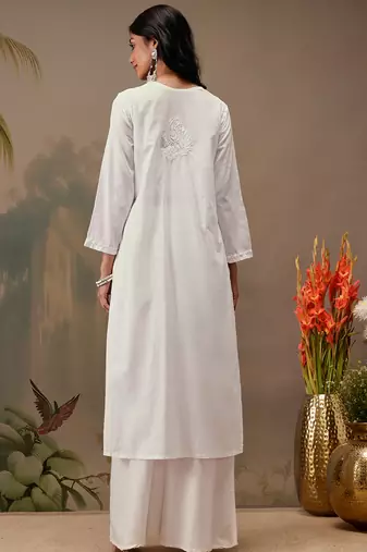Hand embroidered white cotton lucknowi chikankari straight kurta