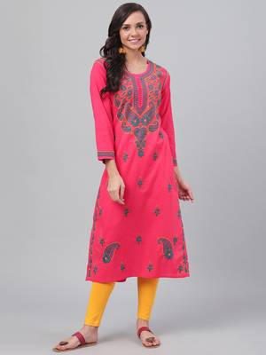 Hand embroidered carrot pink cotton lucknowi chikankari straight  kurta 1