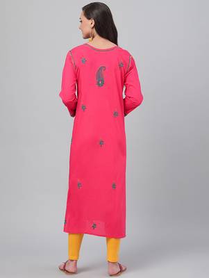 Hand embroidered carrot pink cotton lucknowi chikankari straight  kurta 2