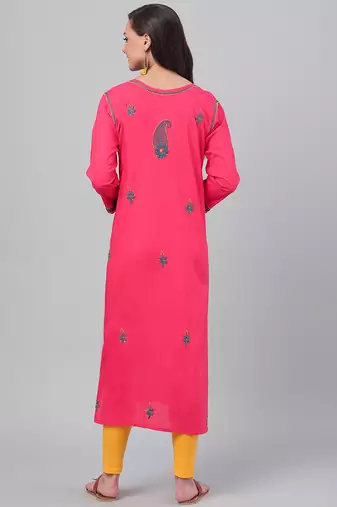 Hand embroidered carrot pink cotton lucknowi chikankari straight  kurta