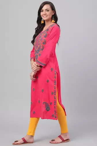 Hand embroidered carrot pink cotton lucknowi chikankari straight  kurta