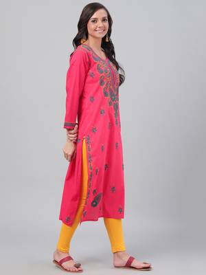 Hand embroidered carrot pink cotton lucknowi chikankari straight  kurta 4