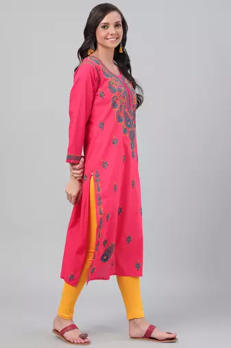 Hand embroidered carrot pink cotton lucknowi chikankari straight  kurta