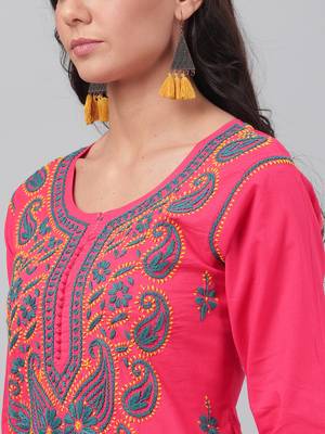 Hand embroidered carrot pink cotton lucknowi chikankari straight  kurta 5